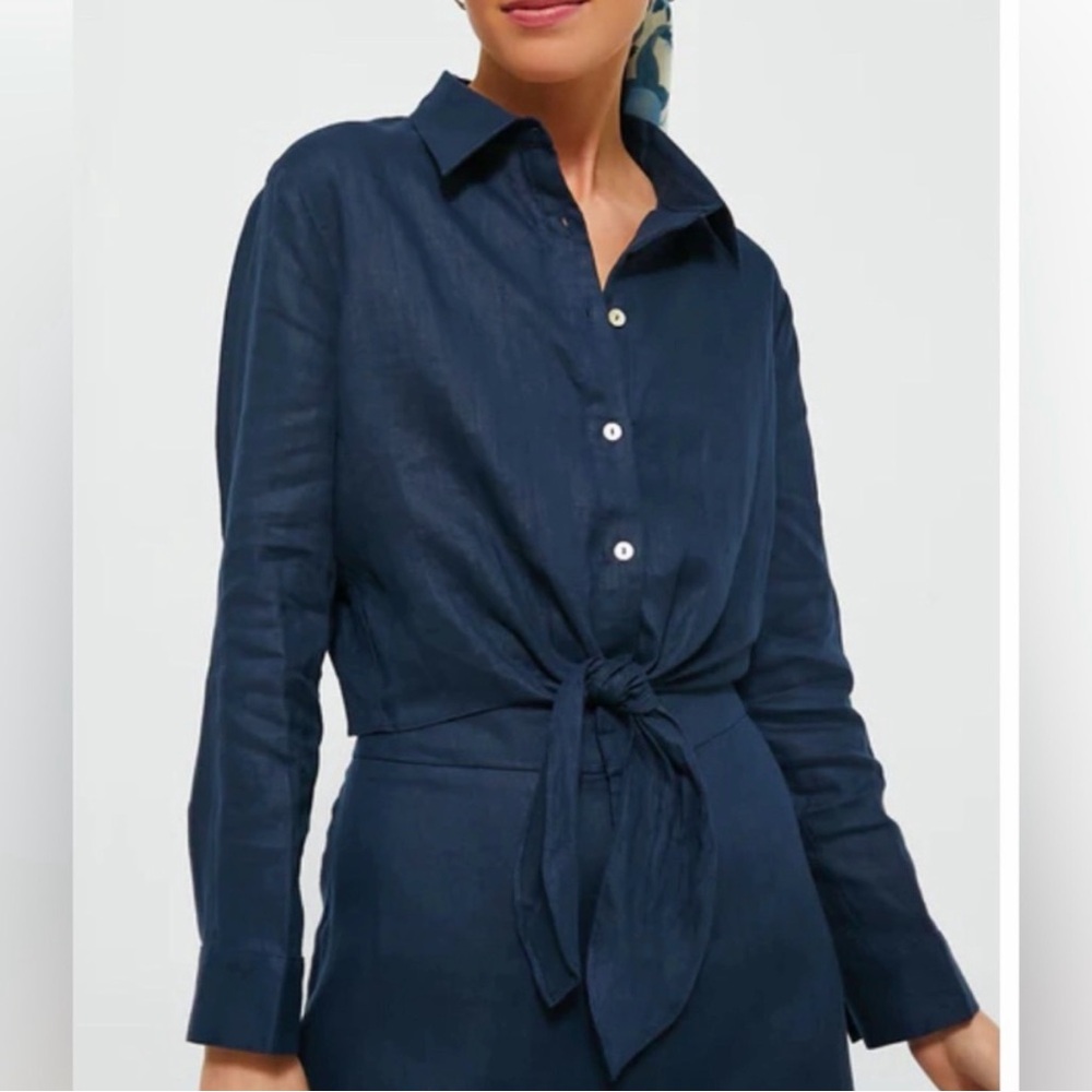 Tuckernuck Navy Linen Button Down Tie-Front Shirt